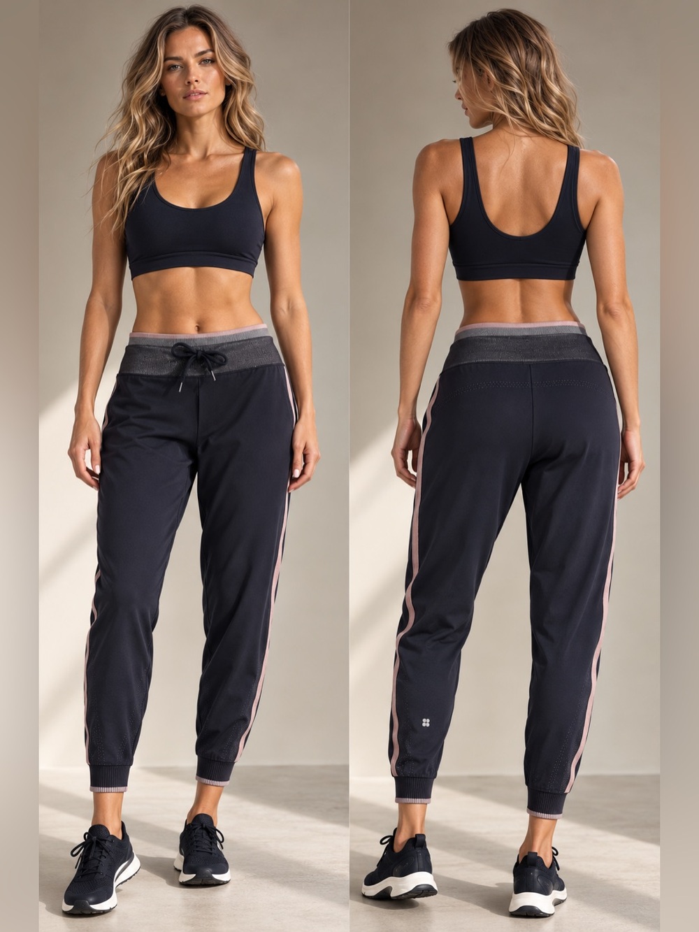 Sweaty Betty Navy Jogger Pants with Pink Side Stripe